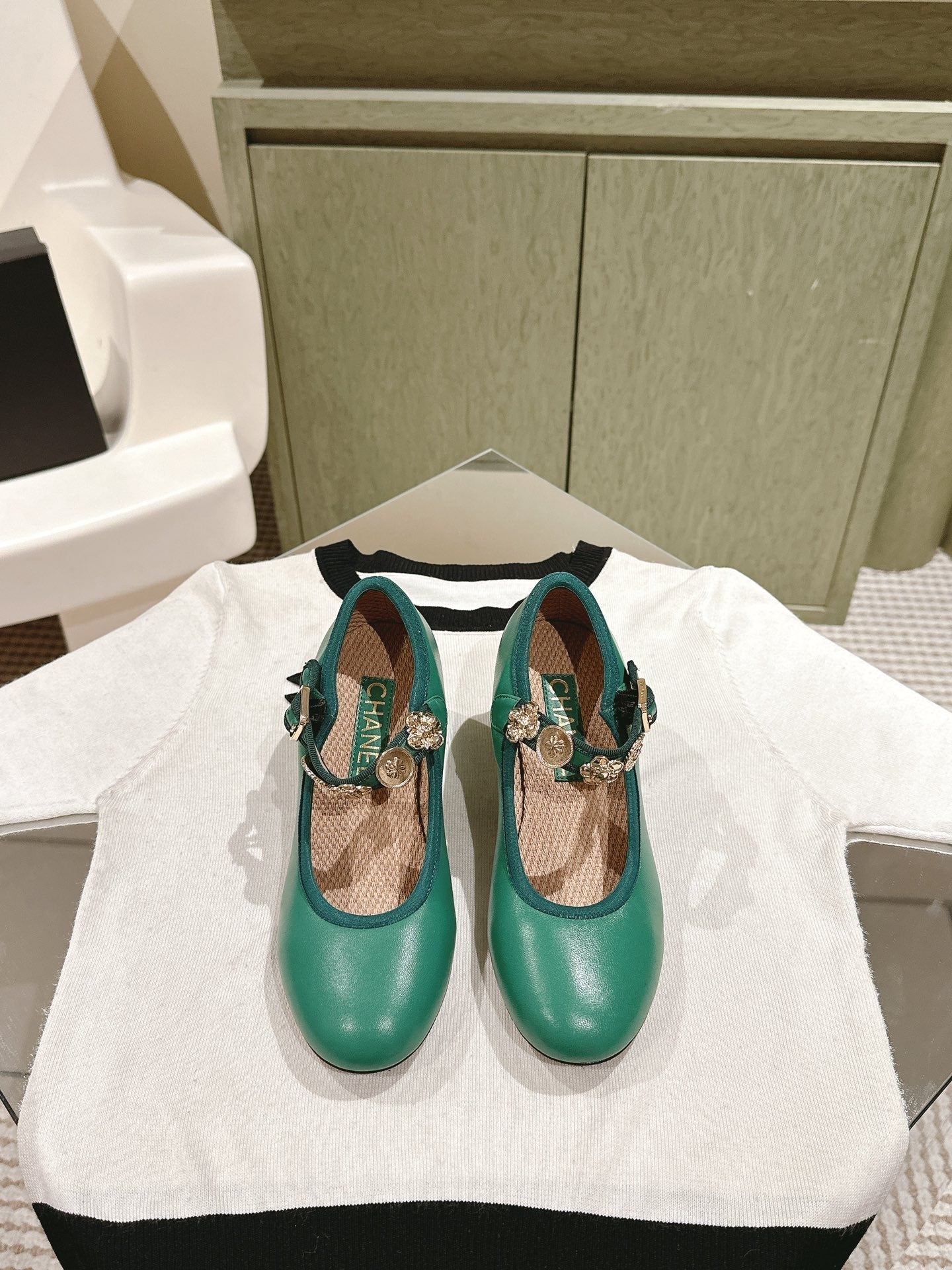 CHANEL HIGH MARY JANE SEA GREEN LAMBSKIN