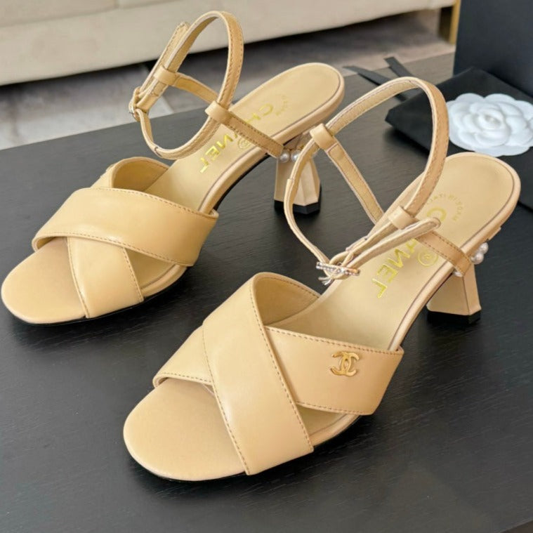 CHANEL High Sandals Lambskin Yellow Cream