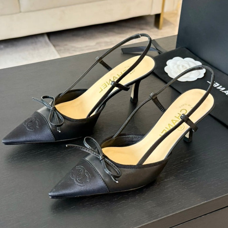 CHANEL SLINGBACK WITH BOW IN BLACK LAMBSKIN