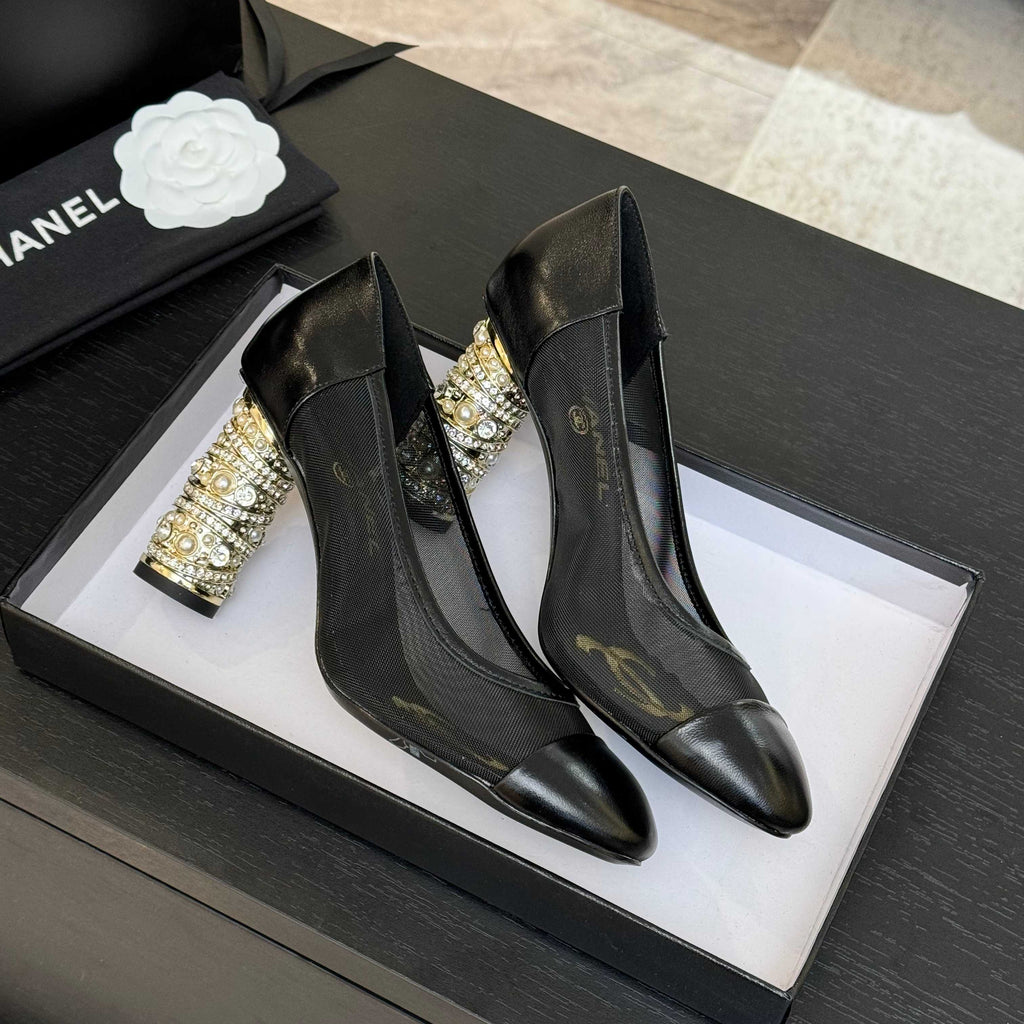CHANEL HIGH HEEL 85 MM SANDALS IN BLACK CALFSKIN AND MESH