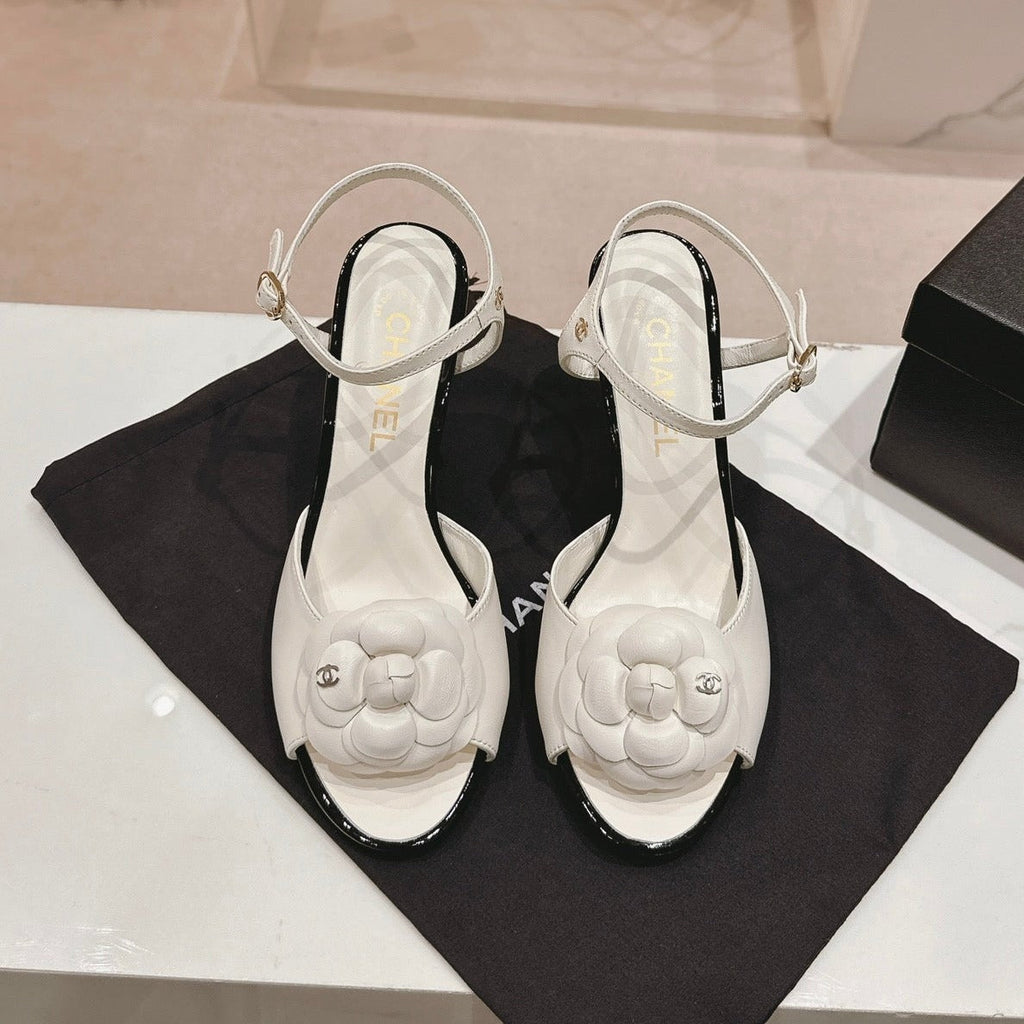 CHANEL Double C New Camellia High Heel Sandals White