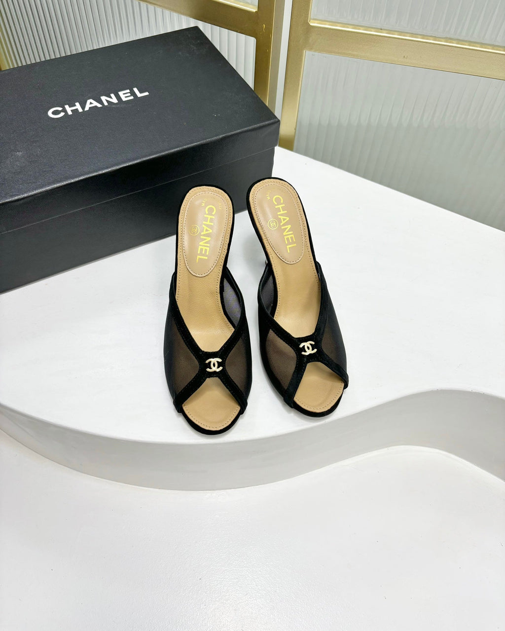 CHANEL HIGH HEEL PEEP TOE IN BLACK BREATHABLE MESH