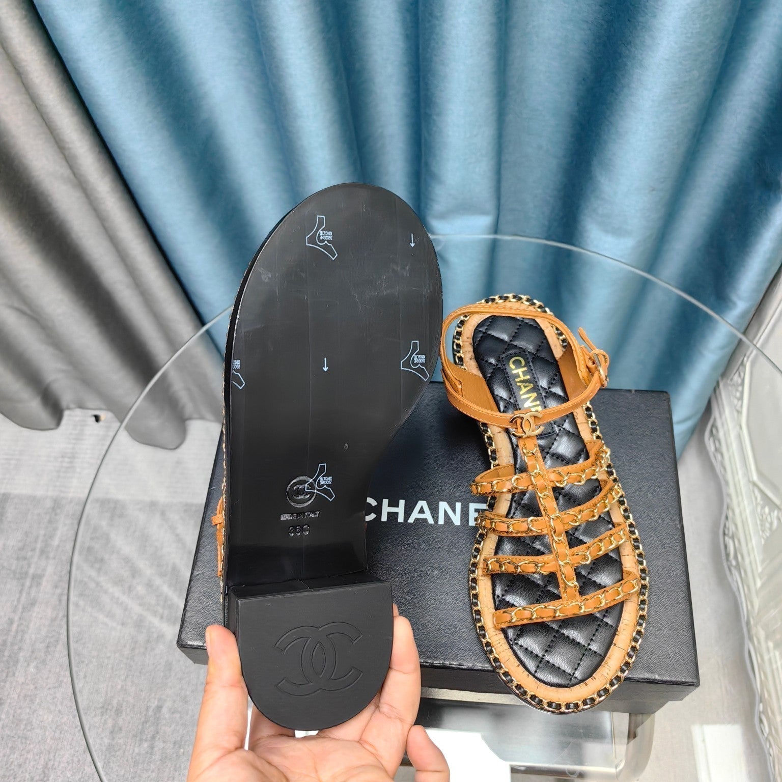 CHANEL HIGH SANDALS WITH THREE STRAPS IN OCHRE YELLOW CALFSKIN