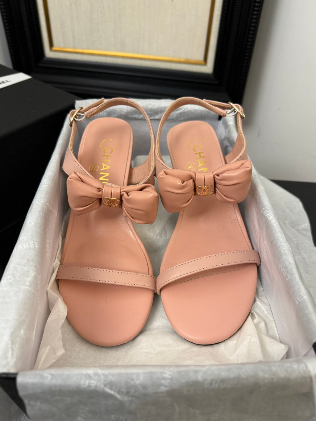 CHANEL MID HEEL 45 MM SANDALS IN PEACH PINK CALFSKIN