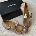 CHANEL MARY JANES SHOES IN COPPER SATIN WITH RHINESTONES