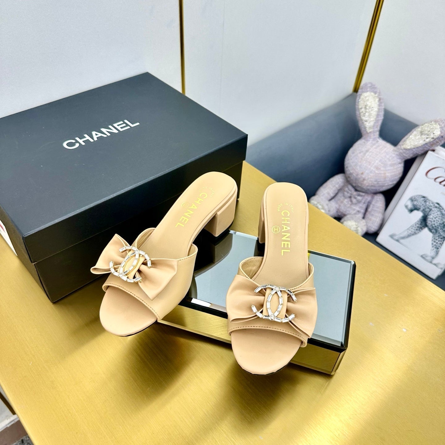 CHANEL BOWKNOT RHINESTONES MID HEEL MULE IN FLAX YELLOW CALFSKIN